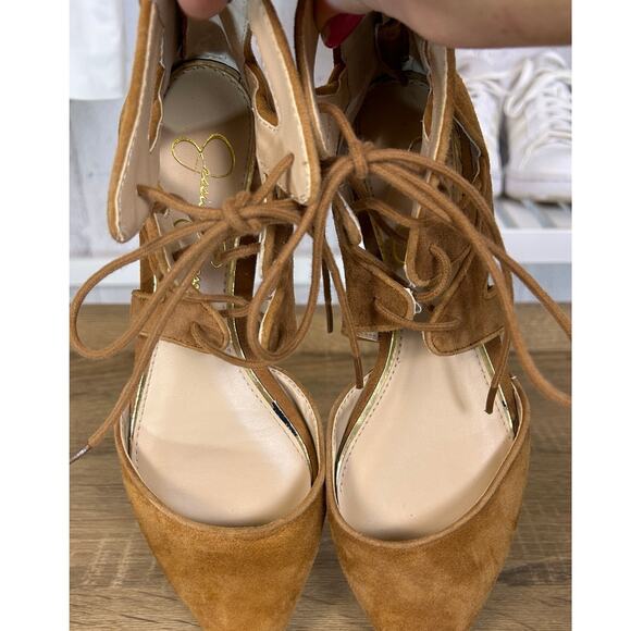 Jessica Simpson Women's Size 6M Ziana Tan Suede Lace Up Pointy Toe Flat Shoes - Picture 5 of 9